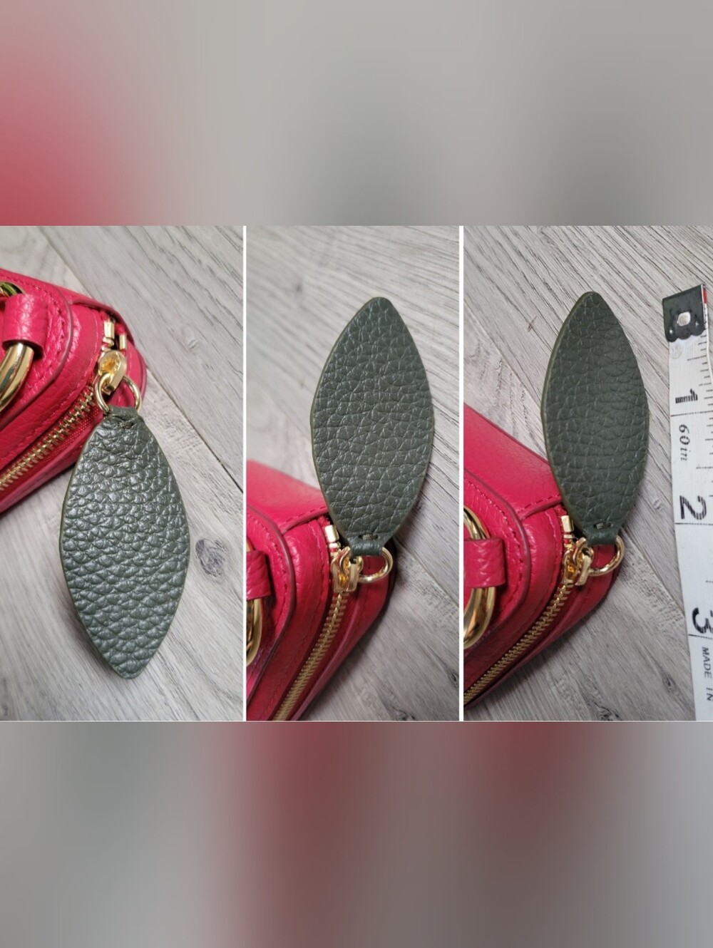 Cuyana Triangle Fruit Pouch Italian Leather Rare Raspberry & Gold Hinge, 4" x 4" - Picture 10 of 16